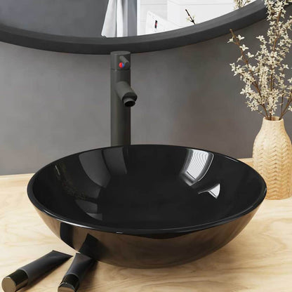 Bathroom Sink with Tap and Push Drain Tempered Glass Black Grey tap