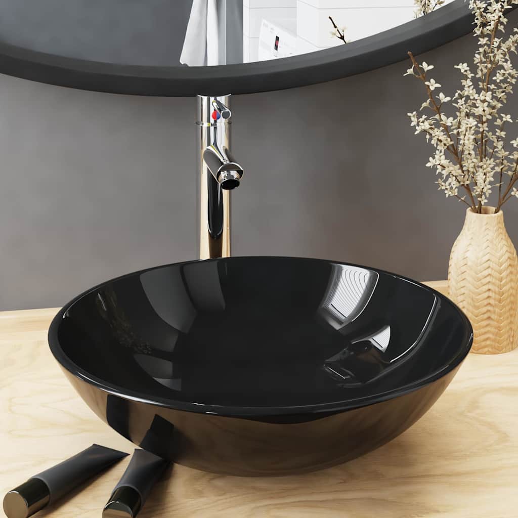 Bathroom Sink with Tap and Push Drain Tempered Glass Black Silver tap