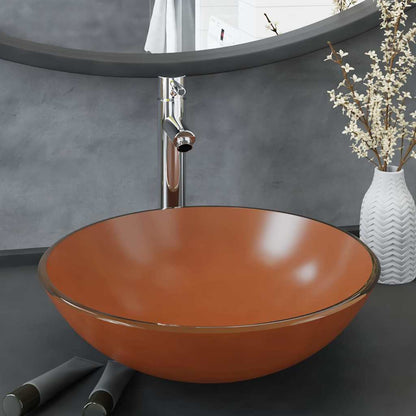 Bathroom Sink with Tap and Push Drain Tempered Glass Brown Chrome tap