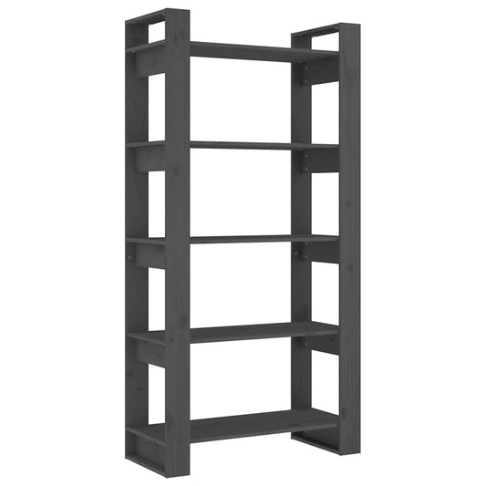 Grey solid wood book cabinet with five shelves, front view