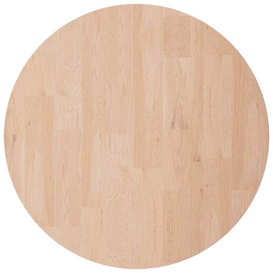 A close-up view of the untreated solid wood oak table top, showing the natural grain and texture