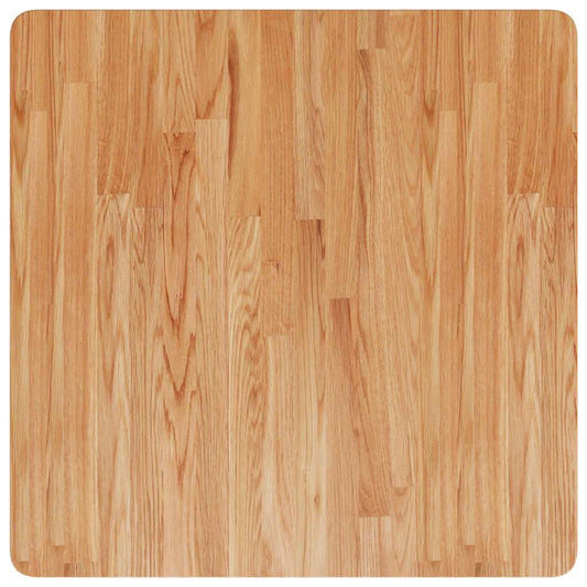 A close-up view of the light brown treated solid wood oak grain pattern on the square tabletop