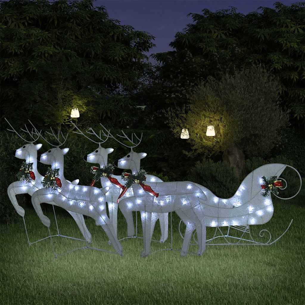 vidaXL Reindeer And Sleigh Christmas Decoration | Set of 4 | White | Mesh, Metal 1