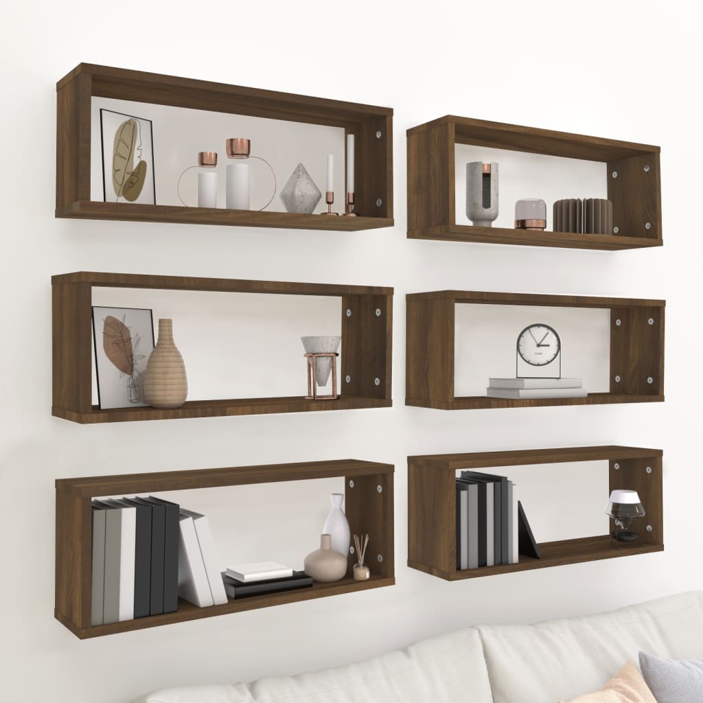 vidaXL Wall Cube Shelves 6 pcs Brown Oak 60x15x23 cm Engineered Wood 1