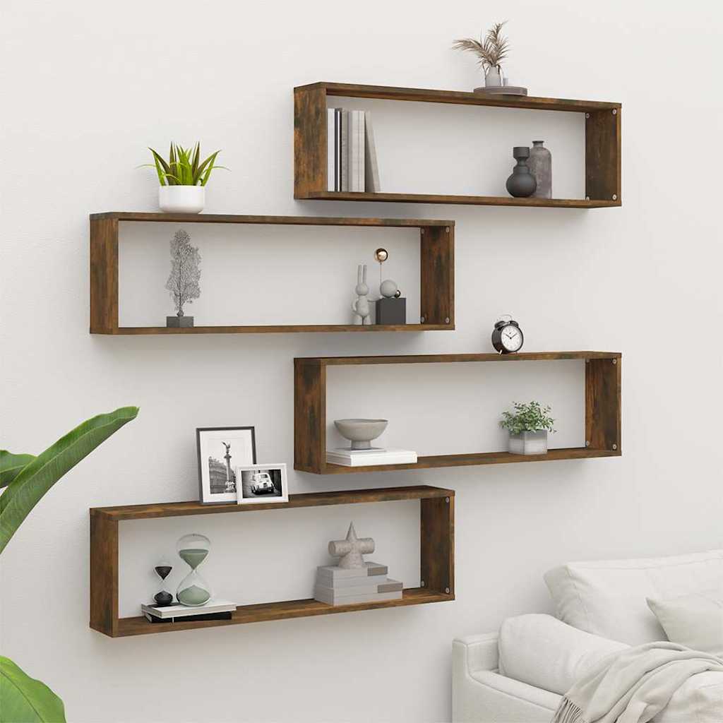 vidaXL Wall Cube Shelves 4 pcs Smoked Oak 100x15x30 cm Engineered Wood 1