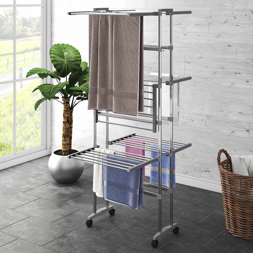 vidaXL 3-Tier Laundry Drying Rack with Wheels Silver 60x70x129 cm 1