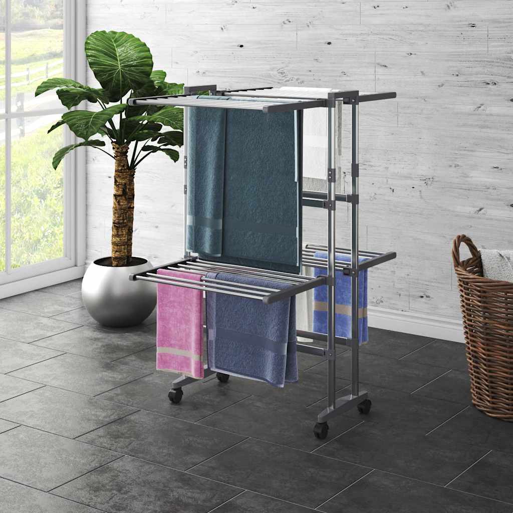 vidaXL 2-Tier Laundry Drying Rack with Wheels Silver 60x70x106 cm 1