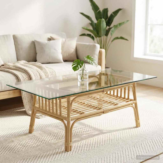vidaXL Table Top Transparent Tempered Glass placed on a rattan coffee table in a bright living room