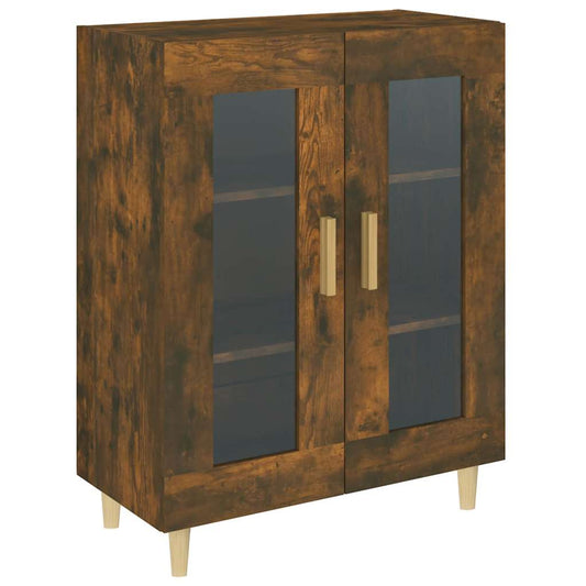 Smoked oak sideboard with two glass doors and wooden handles, shown from a three-quarter angle