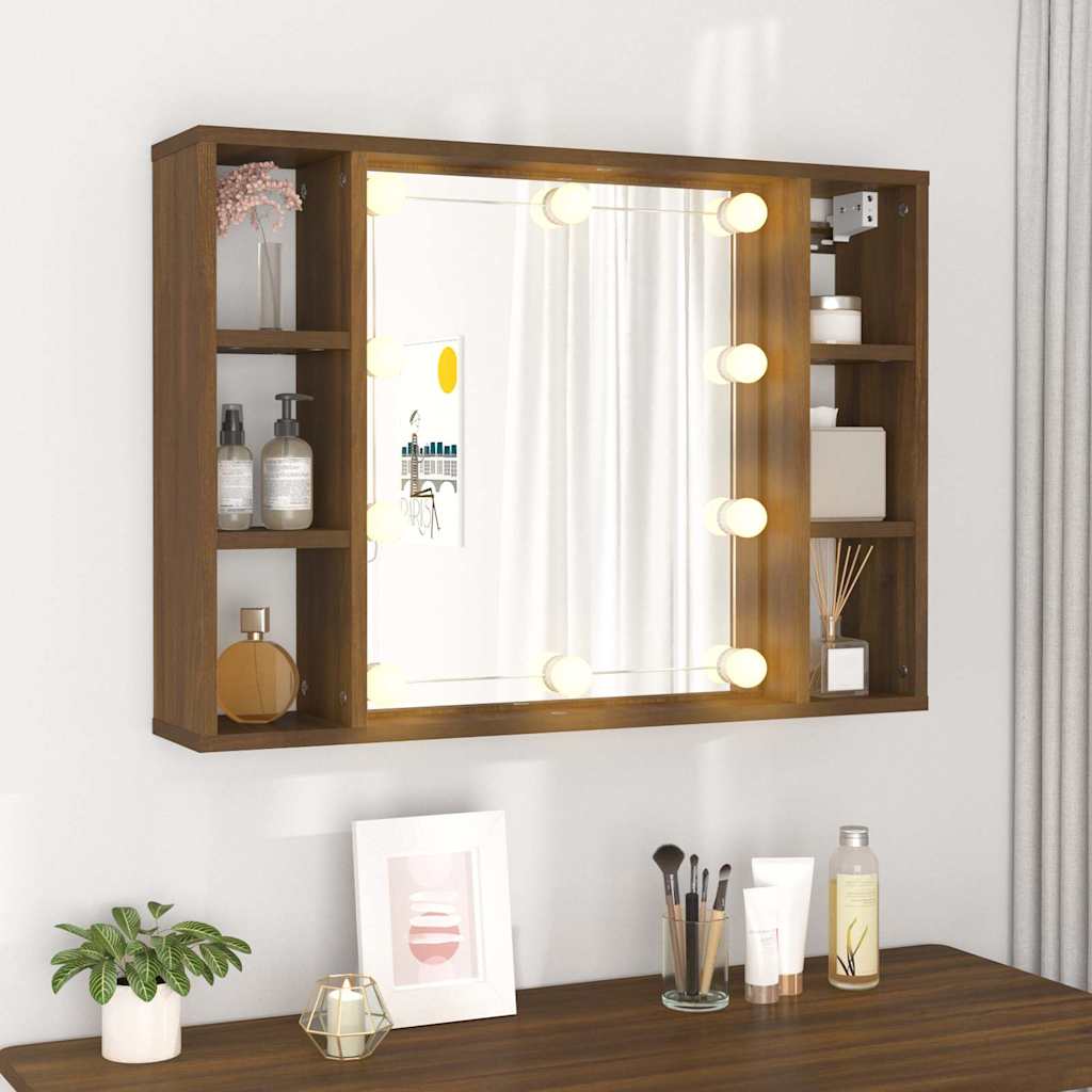 vidaXL Mirror Cabinet with LED Brown Oak 76x15x55 cm 4