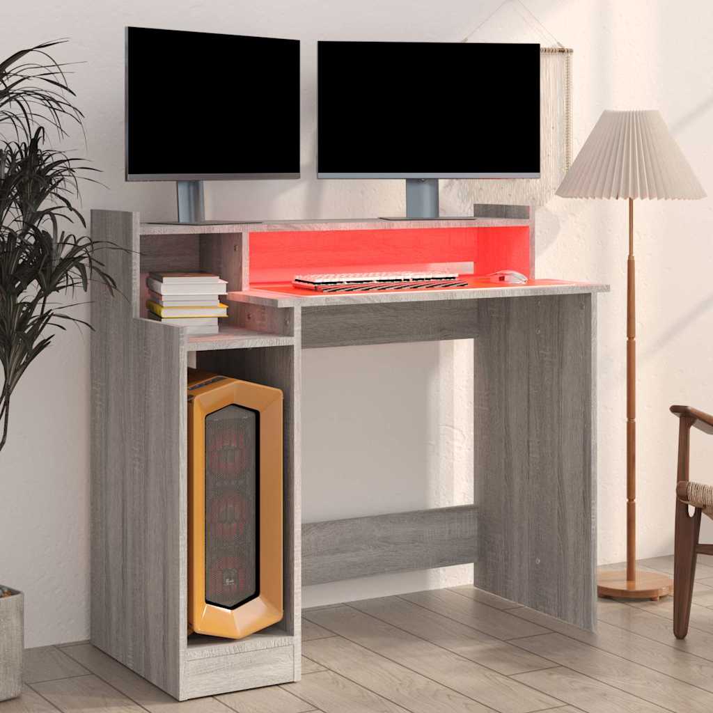 vidaXL Desk with LED Lights Grey Sonoma 97x45x90 cm Engineered Wood 4
