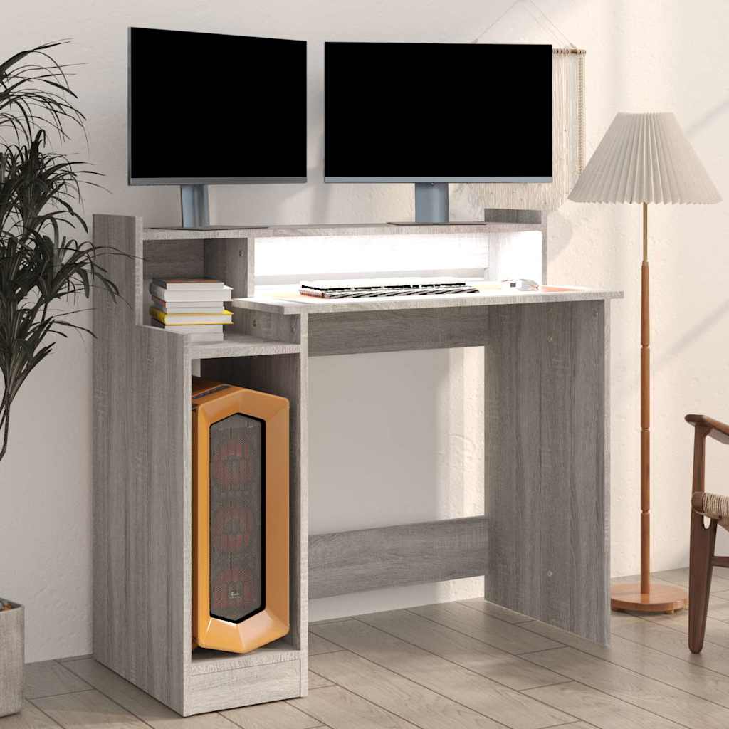 vidaXL Desk with LED Lights Grey Sonoma 97x45x90 cm Engineered Wood 6