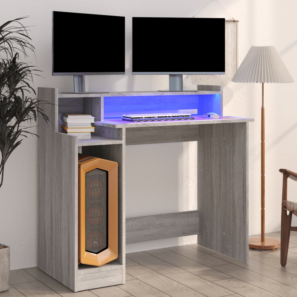 vidaXL Desk with LED Lights Grey Sonoma 97x45x90 cm Engineered Wood 1