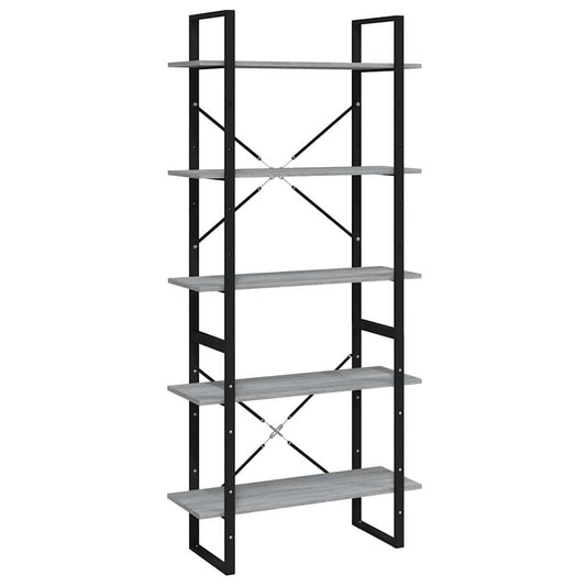 The grey sonoma engineered wood bookcase with black metal frame, showing all five shelves and cross bracing