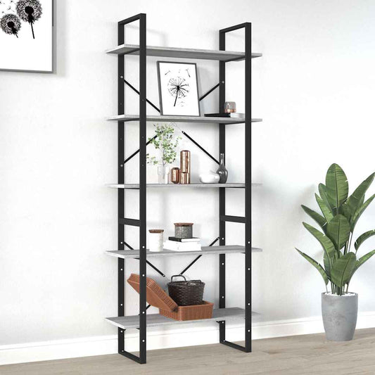 vidaXL 5-Tier Book Cabinet Grey Sonoma Engineered Wood standing in a room with some decorative items on the shelves