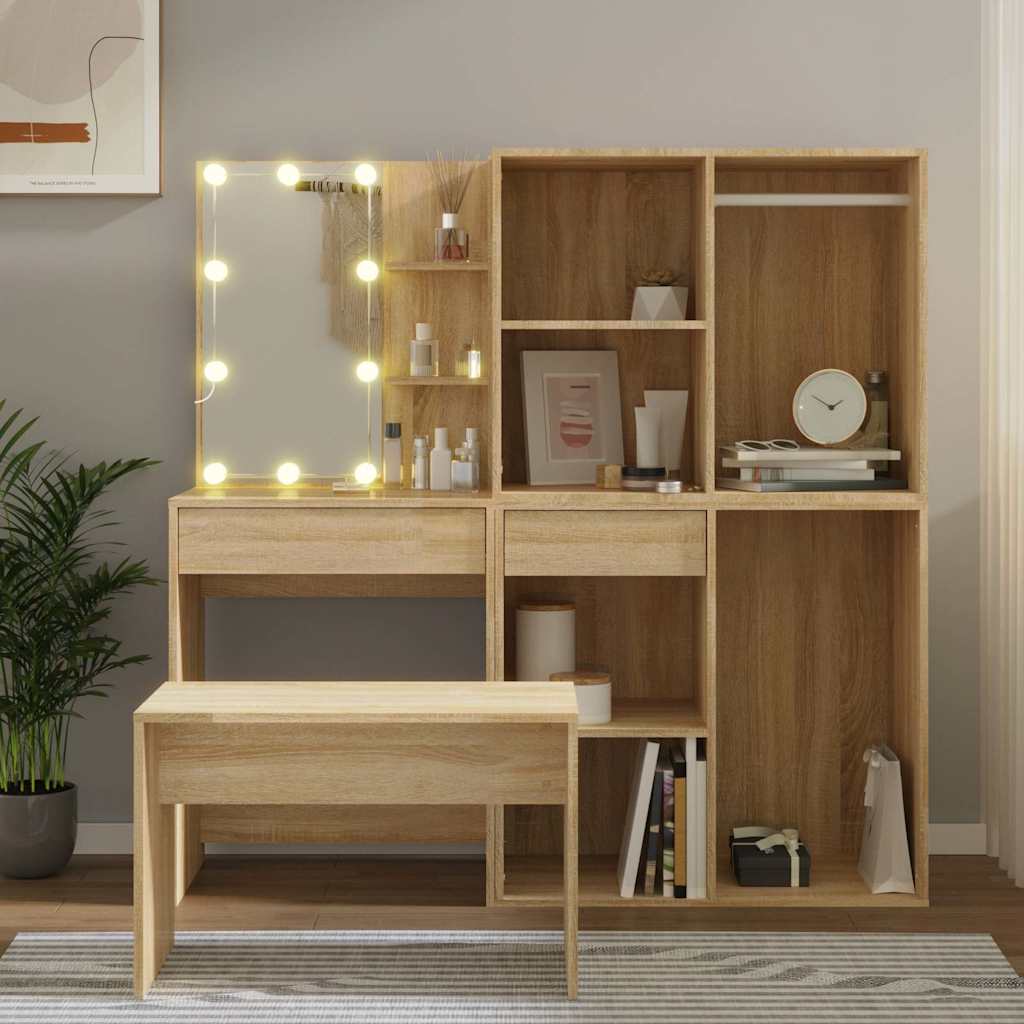 Dressing Table Set with LED Engineered Wood Sonoma oak