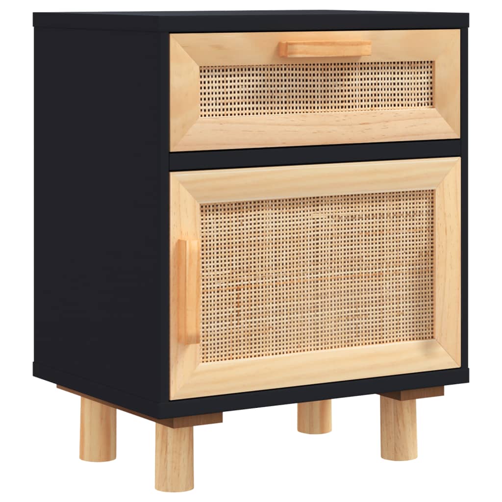 vidaXL Bedside Cabinet | Black | Engineered wood, Solid pinewood, Natural rattan 2