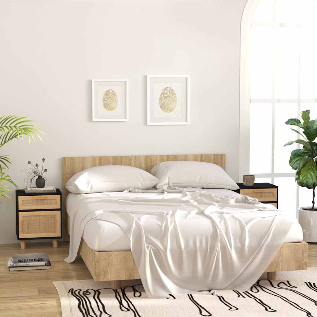 vidaXL Bedside Cabinet | Black | Engineered wood, Solid pinewood, Natural rattan 3