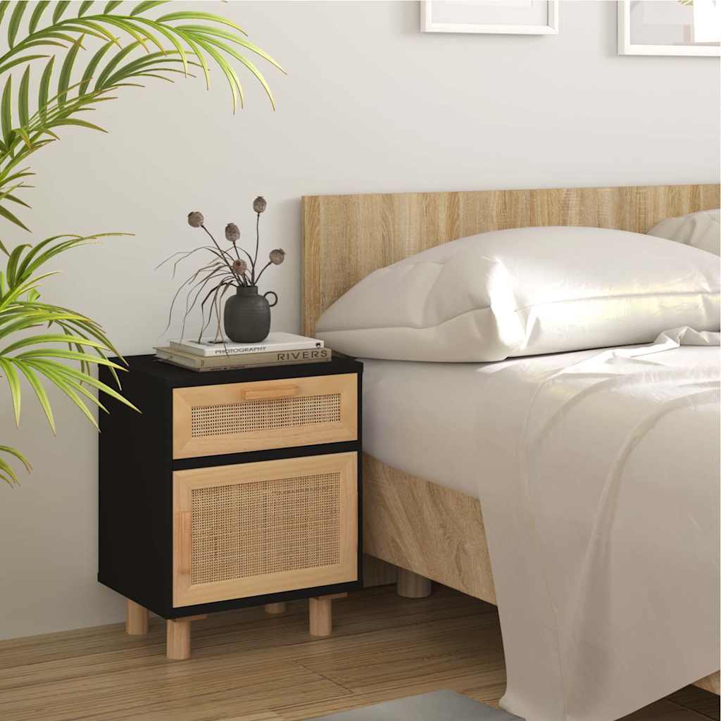 vidaXL Bedside Cabinet | Black | Engineered wood, Solid pinewood, Natural rattan 1