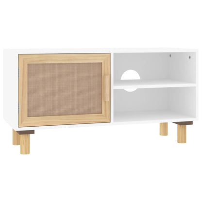vidaXL TV Cabinet White 80x30x40 cm Solid Wood Pine and Natural Rattan 2