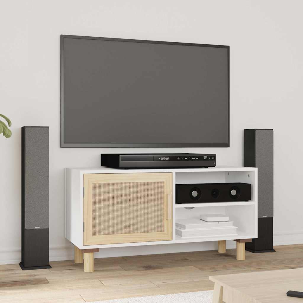 vidaXL TV Cabinet White 80x30x40 cm Solid Wood Pine and Natural Rattan 1