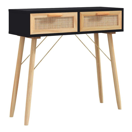 Console Table 80x30x75 cm Solid Wood Pine&Natural Rattan Black