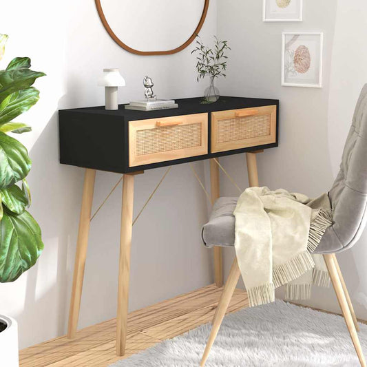 Console Table 80x30x75 cm Solid Wood Pine&Natural Rattan Black