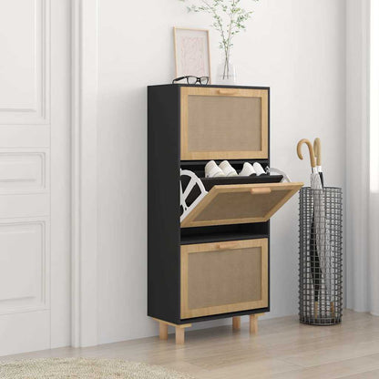 Shoe Cabinet 52x25x115 cm Engineered Wood&Natural Rattan Black