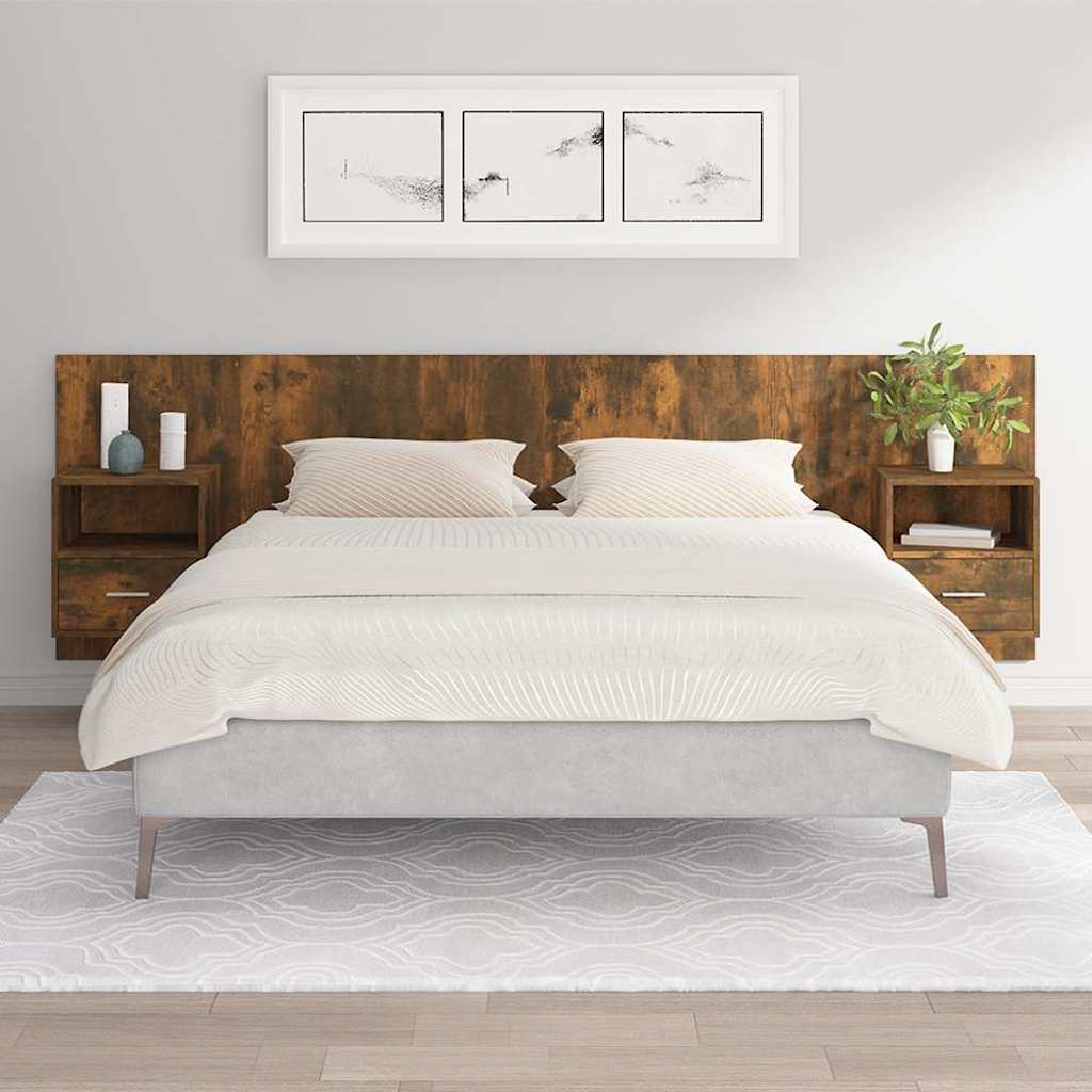 Bed Headboard with Cabinets Engineered Wood One Drawer and One Shelf Smoked oak