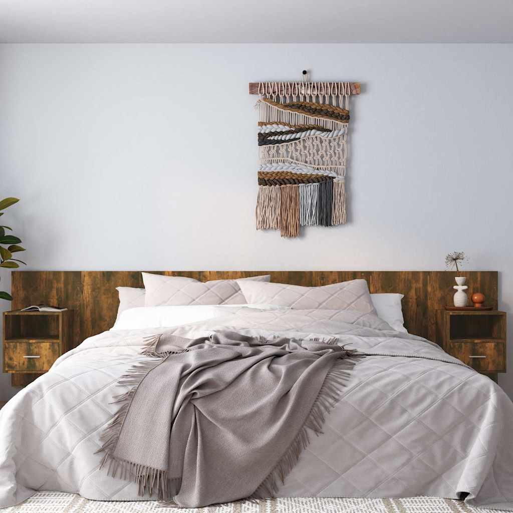 Bed Headboard with Cabinets Engineered Wood One Drawer and One Shelf Smoked oak