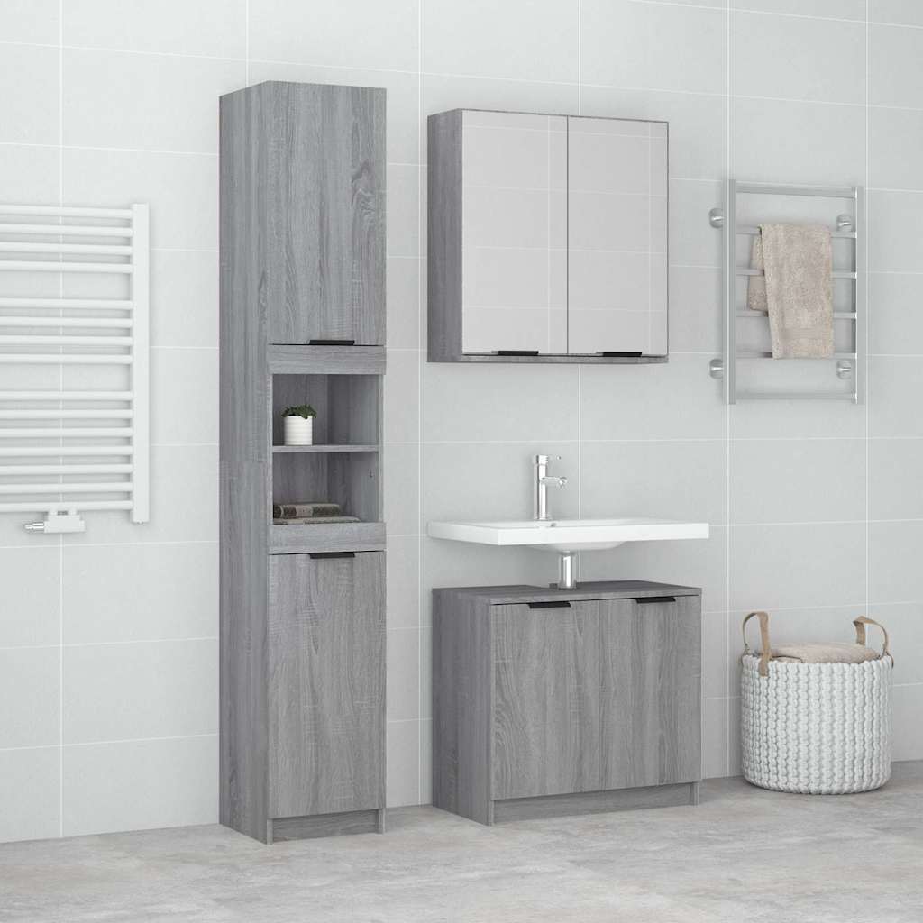 3 Piece Bathroom Cabinet Set Engineered Wood Grey sonoma