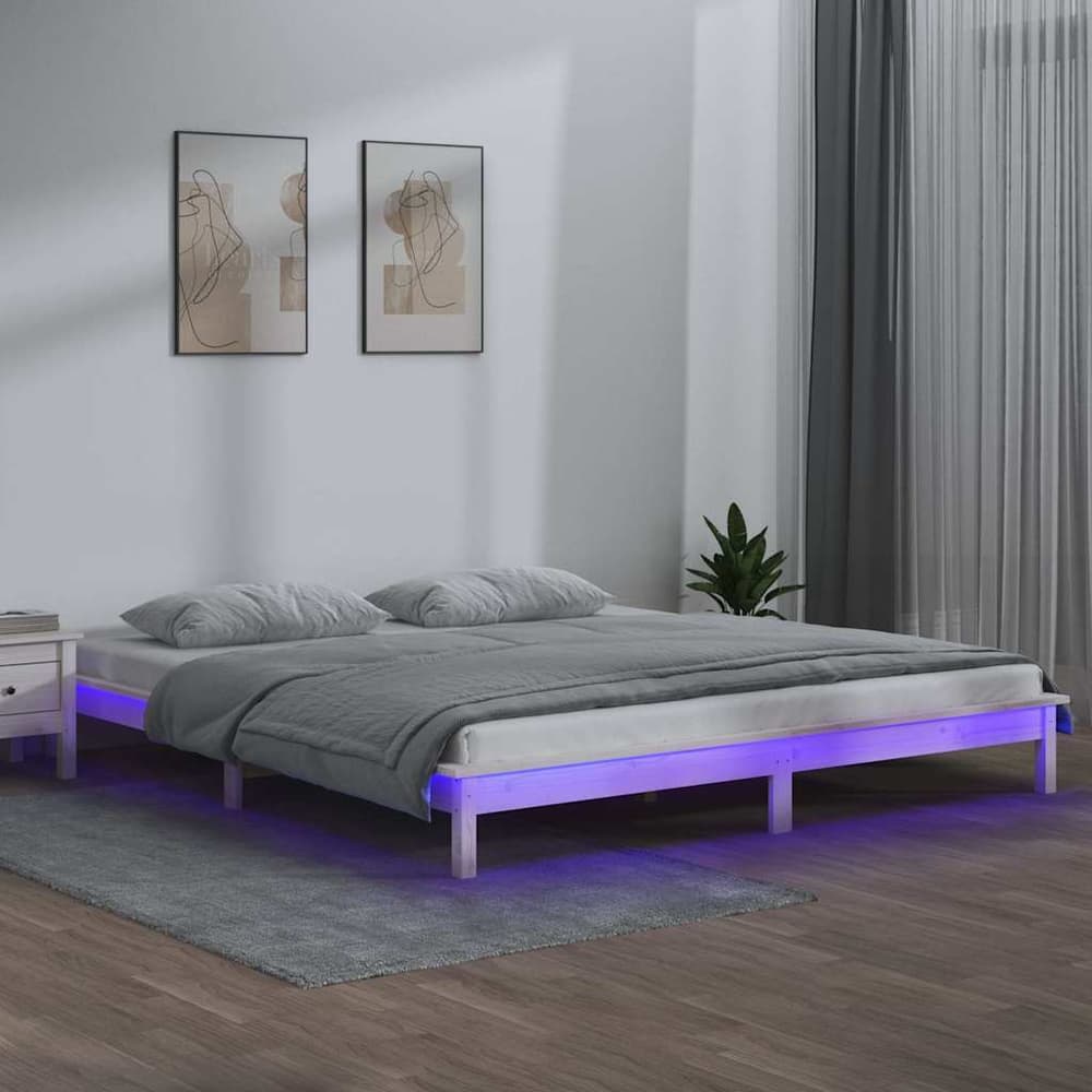 LED Bed Frame without Mattress Solid Wood Length White