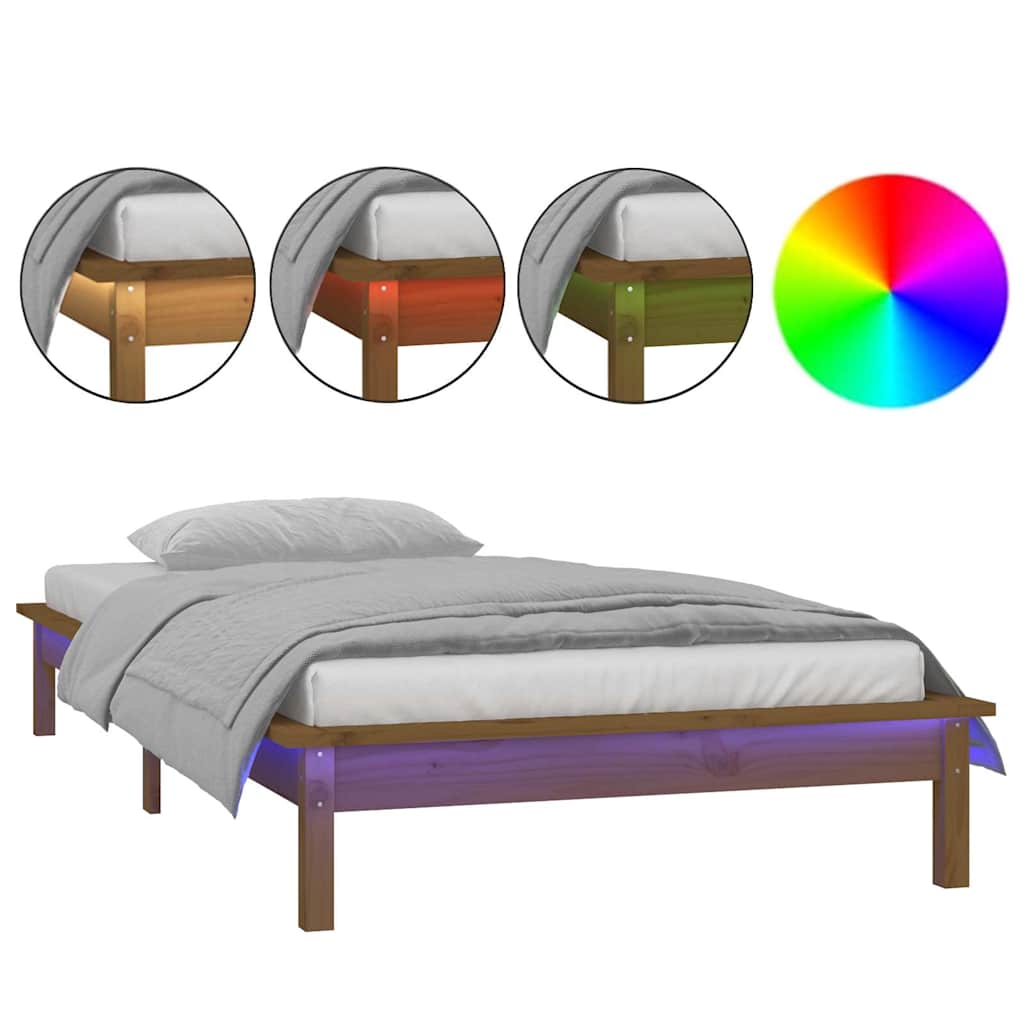 vidaXL LED Bed Frame without Mattress Honey Brown 75x190cm  Solid Wood 2