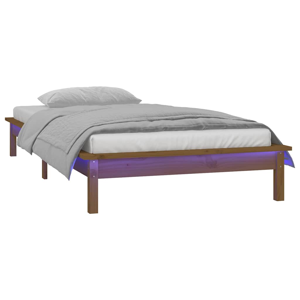 vidaXL LED Bed Frame without Mattress Honey Brown 75x190cm  Solid Wood 3