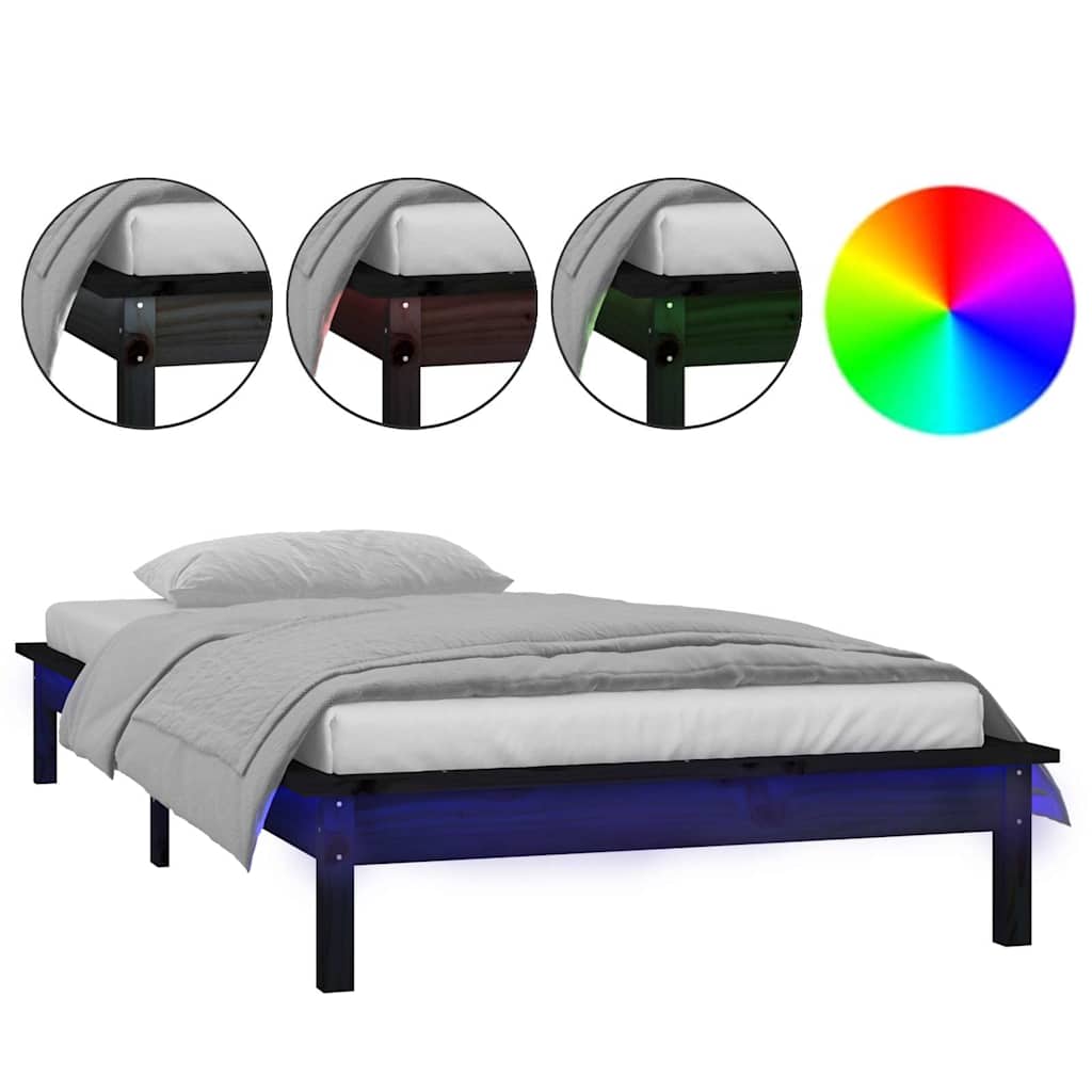 vidaXL LED Bed Frame without Mattress Black 75x190 cm Small Single  Solid Wood 2