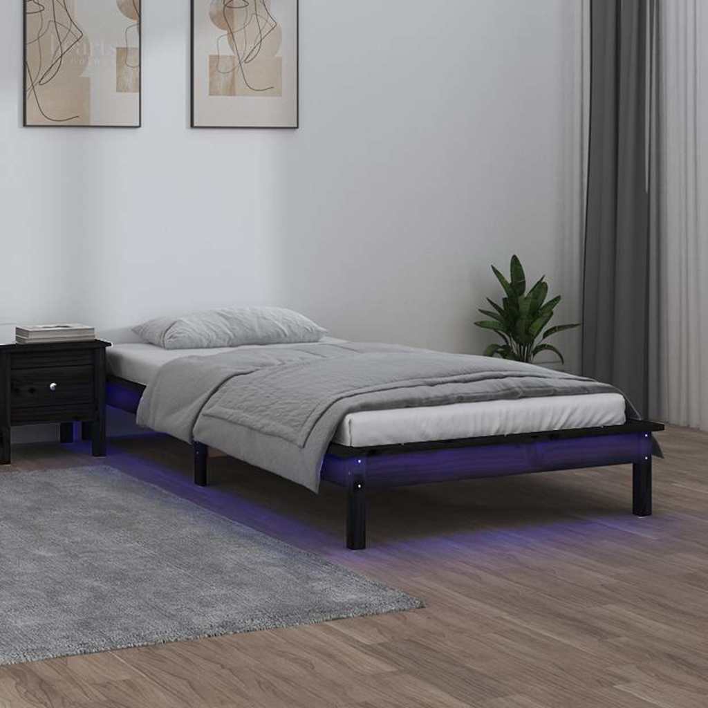 vidaXL LED Bed Frame without Mattress Black 75x190 cm Small Single  Solid Wood 1