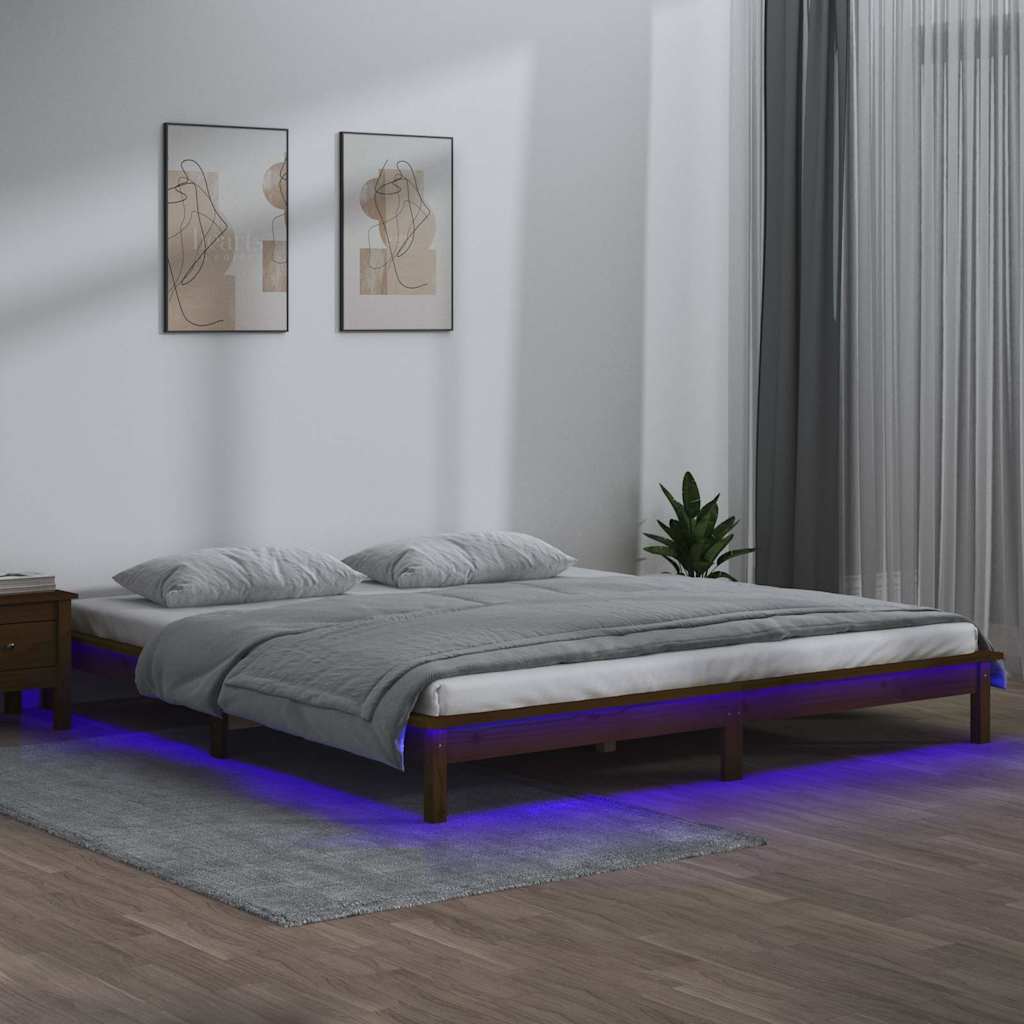 LED Bed Frame without Mattress Solid Wood Length 200 cm Honey Brown 140 cm