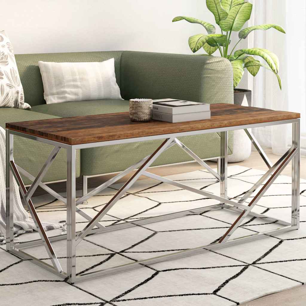 vidaXL Coffee Table Silver Stainless Steel and Solid Sleeper Wood 1