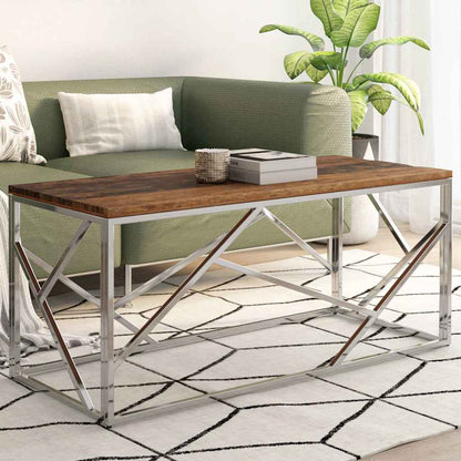 vidaXL Coffee Table Silver Stainless Steel and Solid Sleeper Wood 1