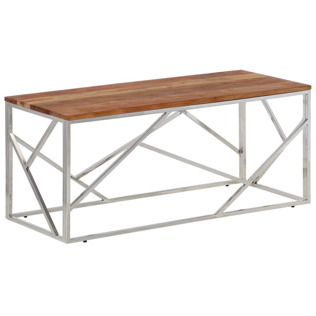 vidaXL Coffee Table Silver Stainless Steel and Solid Acacia Wood 2