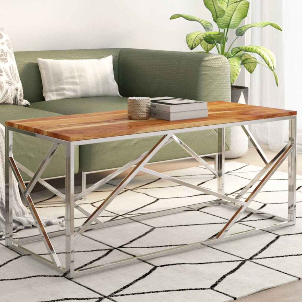 vidaXL Coffee Table Silver Stainless Steel and Solid Acacia Wood 1