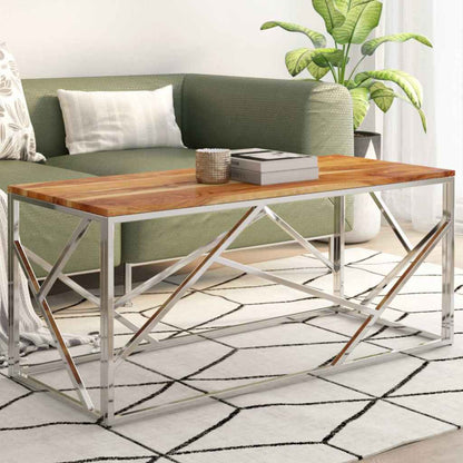 vidaXL Coffee Table Silver Stainless Steel and Solid Acacia Wood 1