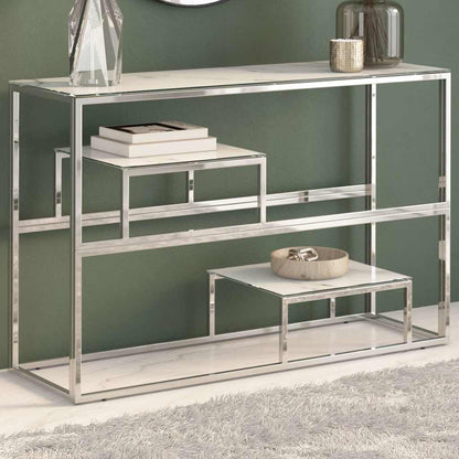 Console Table Stainless Steel and Tempered Silver and white