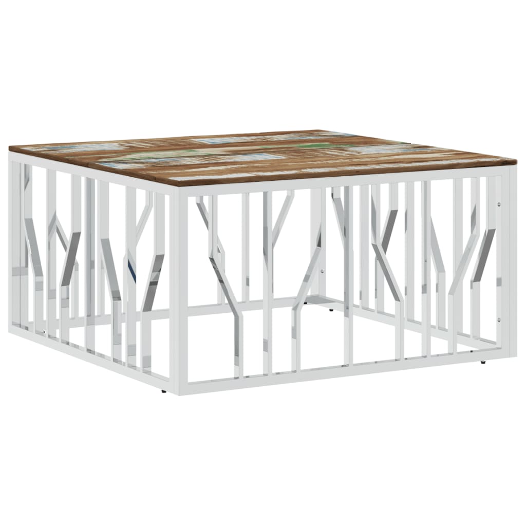 vidaXL Coffee Table Silver Stainless Steel and Solid Wood Reclaimed 2