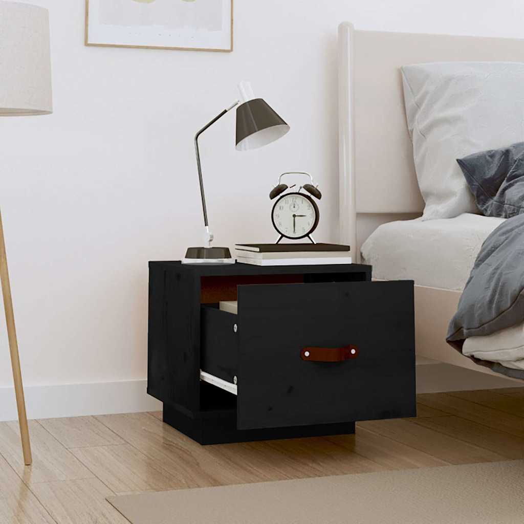 vidaXL Bedside Cabinet | Set of 2 | Black | Solid pine wood, faux leather 3