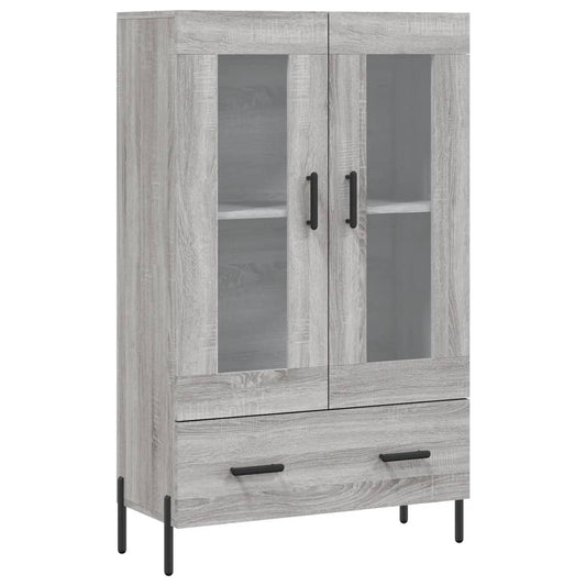 The grey highboard with two glass doors and a bottom drawer on a white background