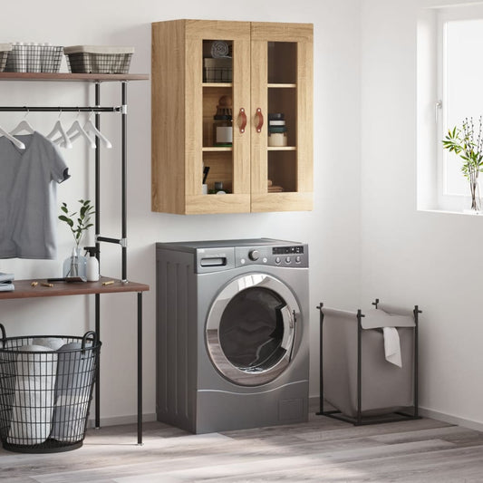 vidaXL Wall Mounted Cabinet Sonoma Oak shown in a laundry room setting above a washing machine