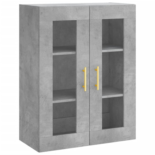 Concrete grey wall cabinet with two glass doors and gold handles, shown isolated