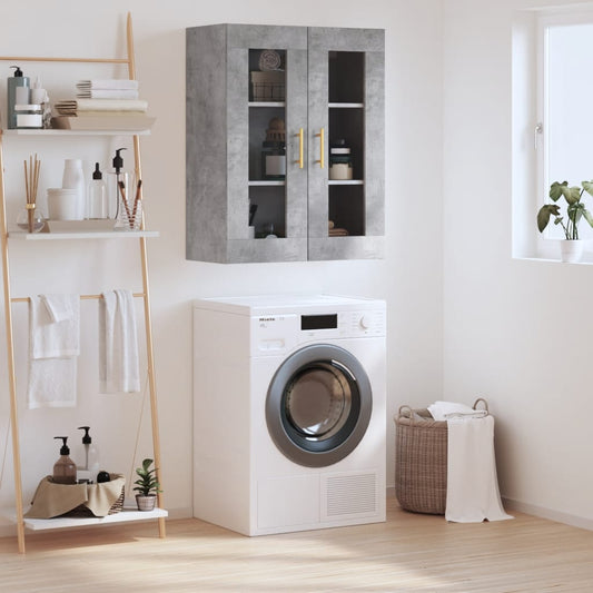 vidaXL Wall Mounted Cabinet Concrete Grey with two doors and gold handles, shown in a laundry room setting