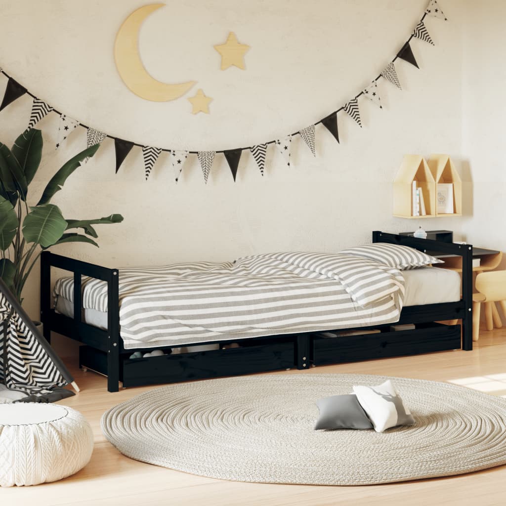 Kids Bed Frame with Drawers Solid Wood Pine Black 80 cm 200 cm